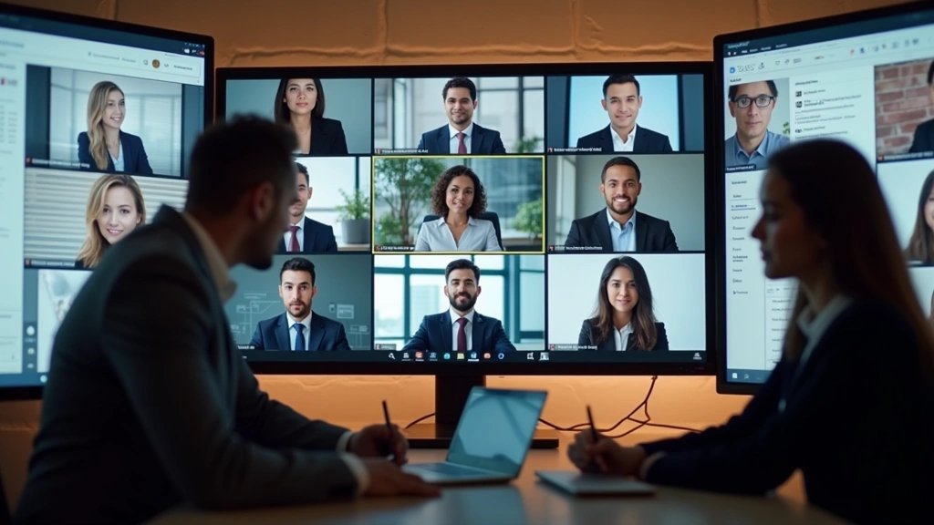 Diverse group of law students in virtual classroom on computer screens, multiple monitors showing online learning interface, 