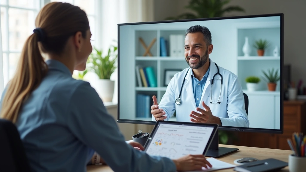 Professional pain management consultation via secure video call, doctor on screen, patient in home office setting, medical charts visible, clinical but comfortable atmosphere