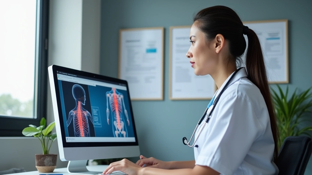 Telehealth pain specialist in modern clinic reviewing patient medical records on computer, professional healthcare environmen
