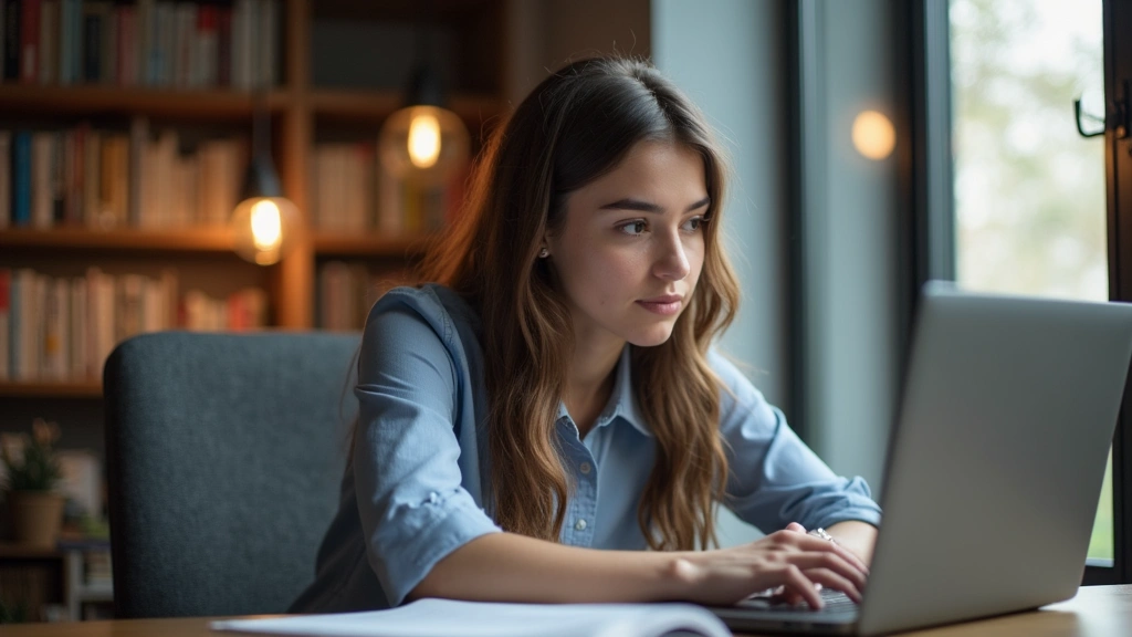 Graduate student studying online on laptop in modern home office with professional lighting and bookshelf, focused expression, natural daylight from window