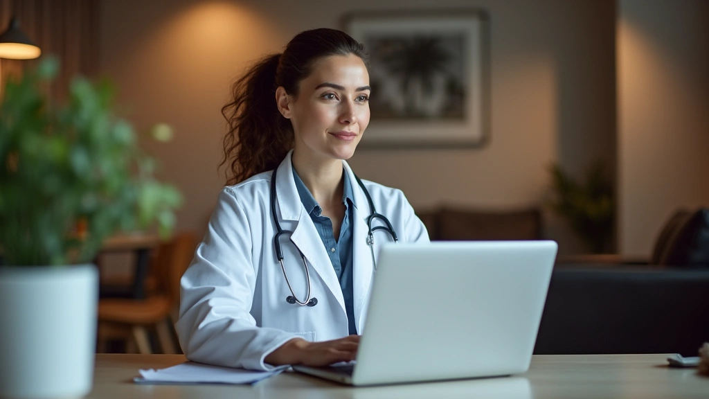 Professional female doctor in white coat conducting video consultation on laptop, warm lighting, modern home office background, patient perspective