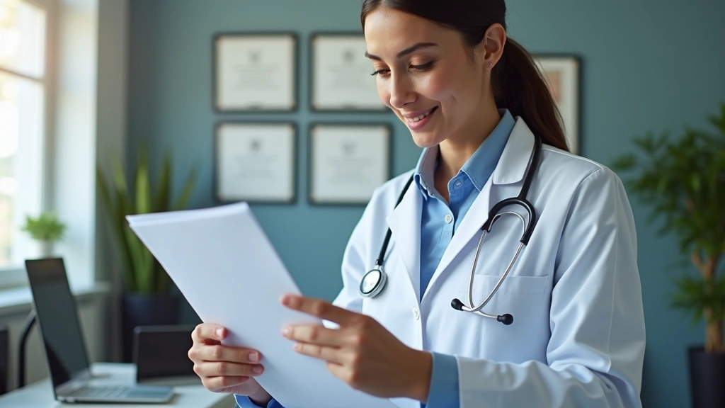 Healthcare provider holding prescription pad during telehealth consultation, secure virtual meeting interface visible, modern