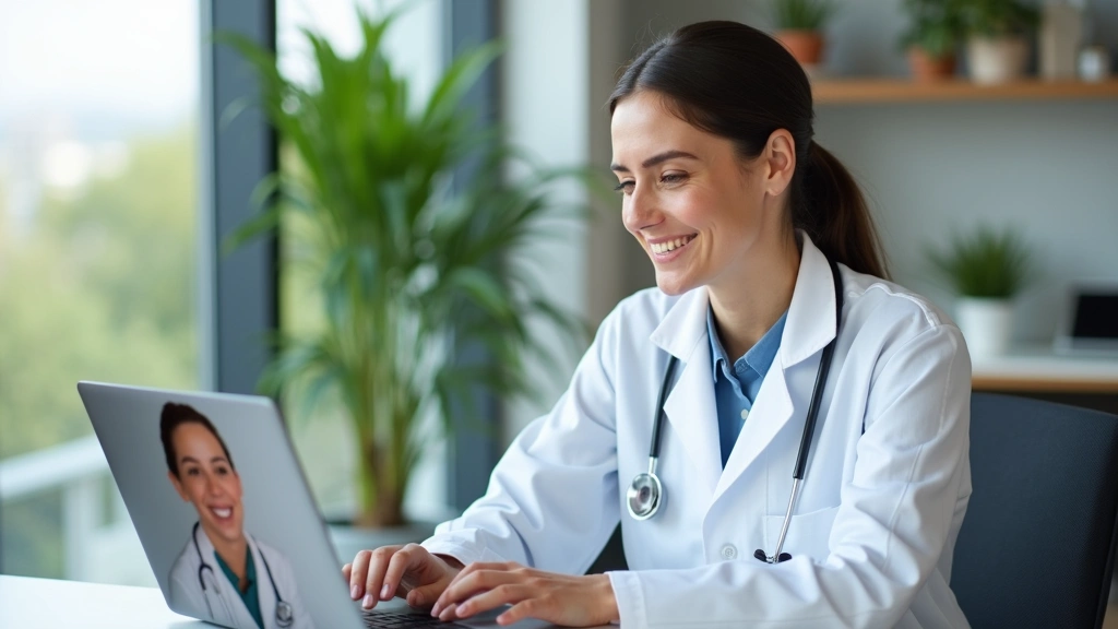 Professional female doctor in white coat smiling during video consultation on laptop, patient visible on screen, modern medical office background with plants