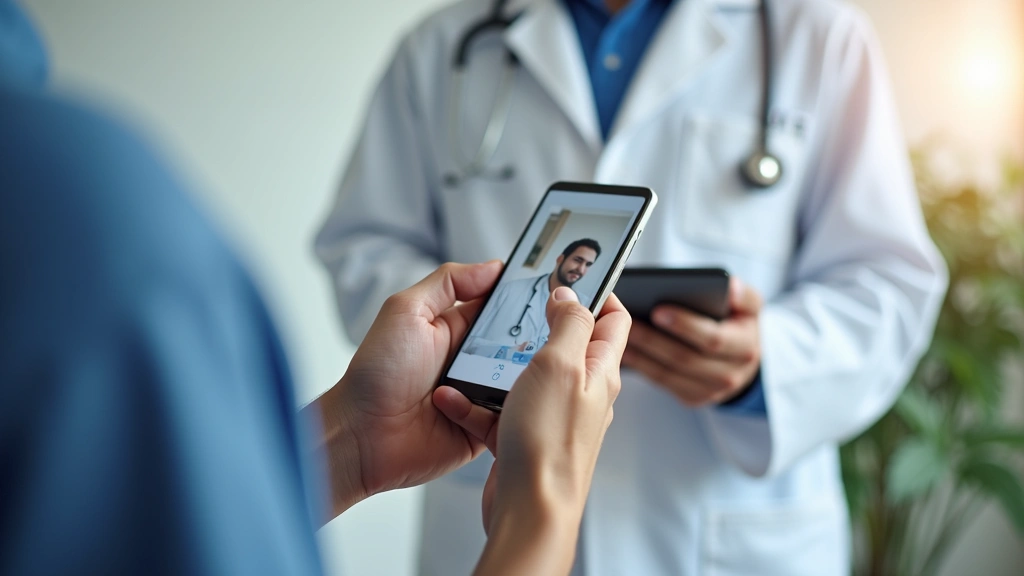 Close-up of patient hands holding smartphone showing telemedicine appointment with male physician, bright natural lighting, h