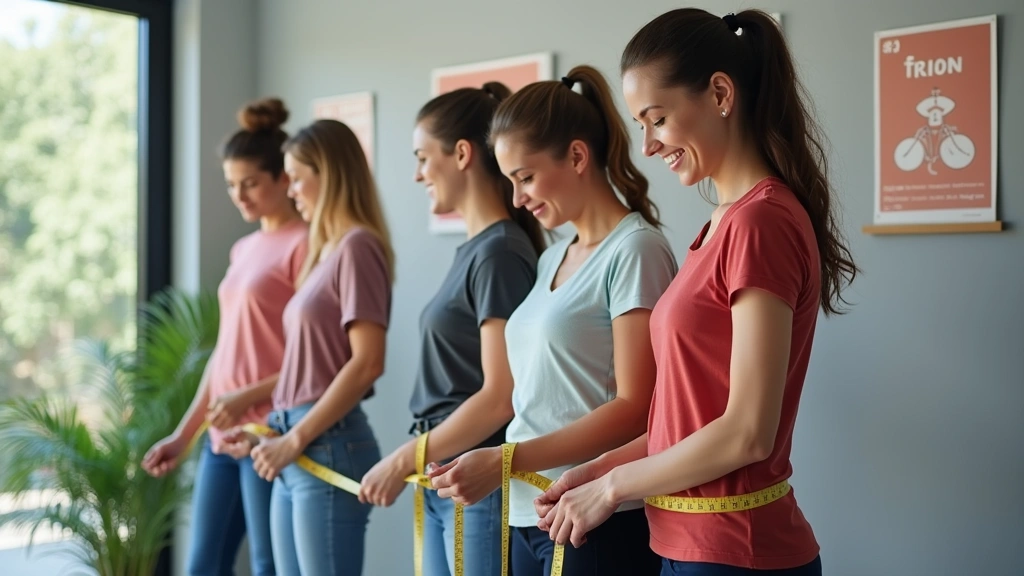 Diverse group of people in casual clothing measuring waist with tape measure, smiling, bright wellness clinic interior with m