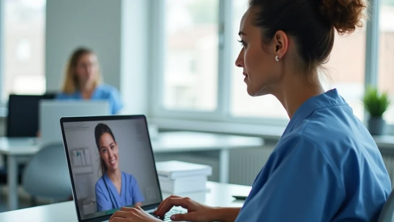 Professional woman in medical scrubs conducting video consultation on laptop with patient visible on screen, modern clinical office background, natural lighting, healthcare setting