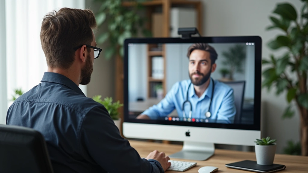 Male patient sitting at home desk during video call with doctor on computer monitor, comfortable residential setting, profess