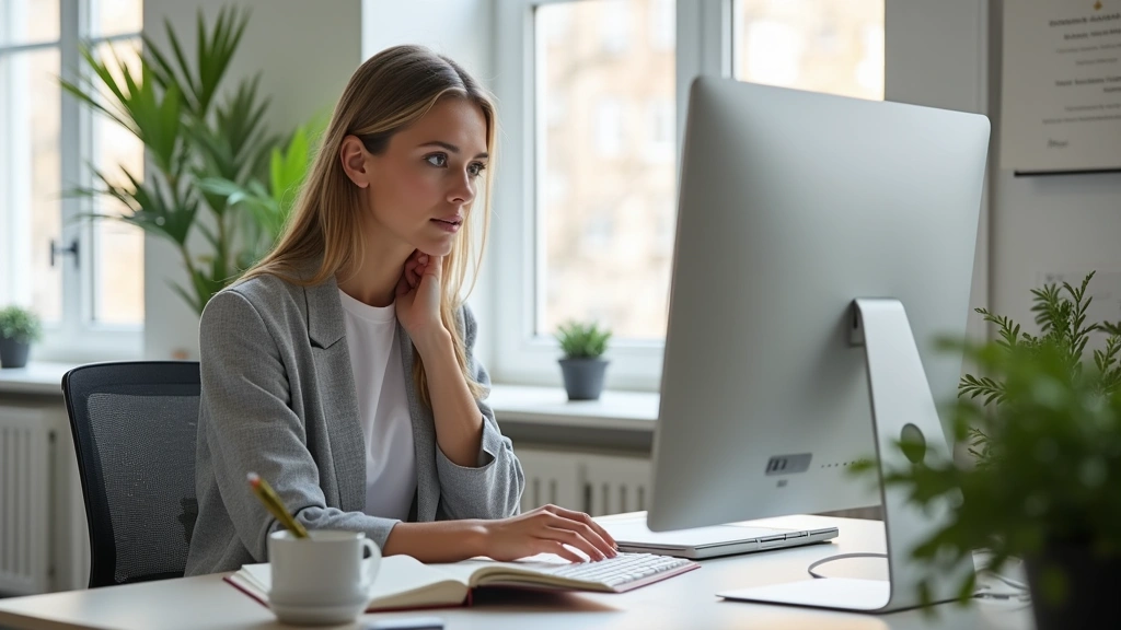Professional woman studying at computer desk in modern home office with diploma on wall, focused expression, natural lighting through window, contemporary workspace setup