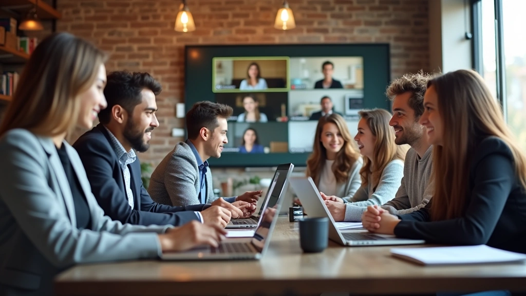 Diverse group of graduate students in virtual video conference meeting on laptop screens, collaborative learning environment,