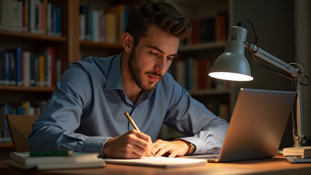Male student writing dissertation notes at desk with multiple books and laptop, concentrated expression, academic library set