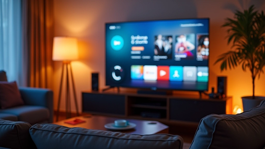 Professional home entertainment setup with smart TV displaying streaming interface, comfortable couch, warm living room lighting, evening atmosphere