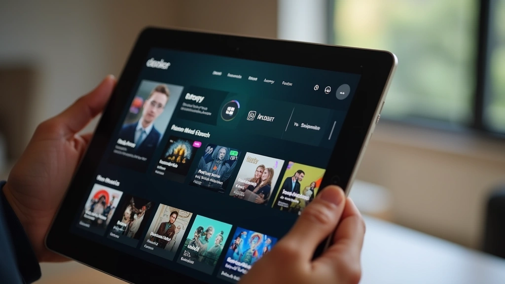 Close-up of tablet screen showing streaming platform menu with television show episodes, persons hand holding device, modern 