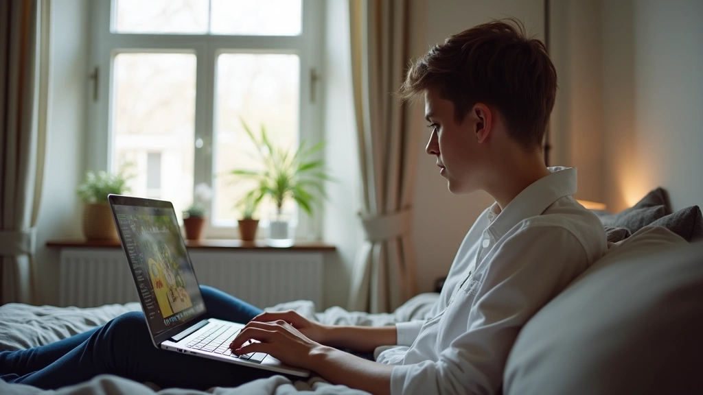 Young adult sitting on bed with laptop, watching streaming content, natural window lighting, relaxed comfortable viewing posi