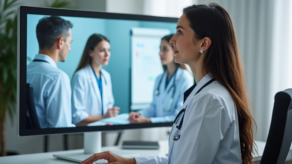 Professional female doctor in white coat conducting virtual consultation on computer screen in modern medical office setting, patient visible on monitor