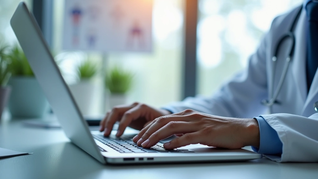 Close-up of doctors hands typing on laptop during remote patient consultation in well-lit healthcare office with medical char