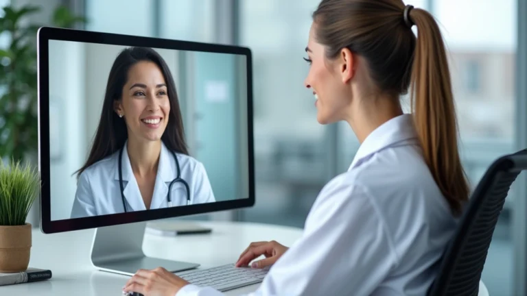 Professional female doctor in white coat conducting video consultation on computer, modern medical office setting, patient visible on screen