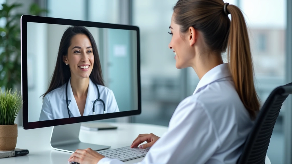 Professional female doctor in white coat conducting video consultation on computer, modern medical office setting, patient vi