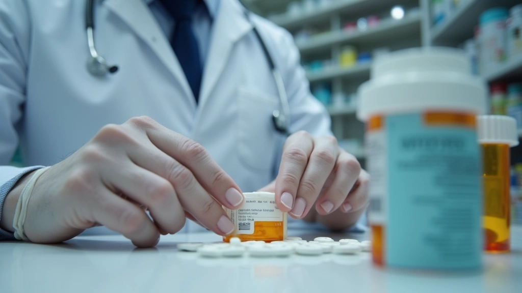 Close-up of pharmacist counting white Adderall tablets in pharmacy setting, professional healthcare environment with medicati