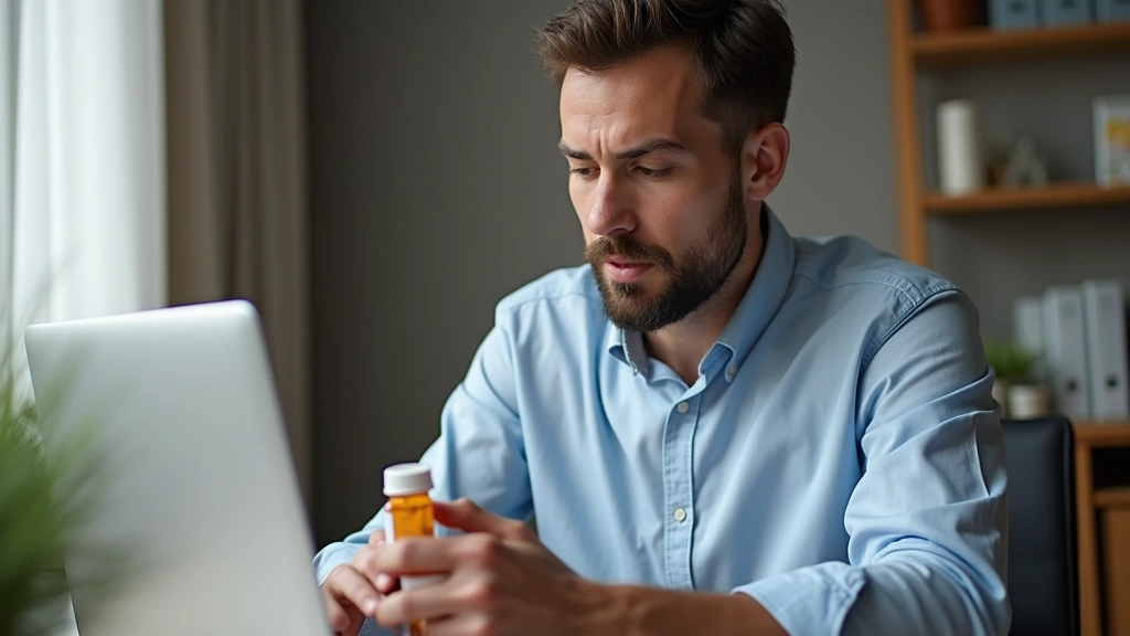 Male patient looking at prescription bottle while sitting at home office desk, natural lighting, focused expression reviewing