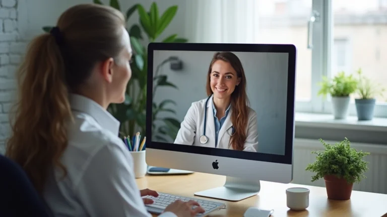Patient sitting at home computer having video consultation with female psychiatrist on screen, professional medical setting, calm environment