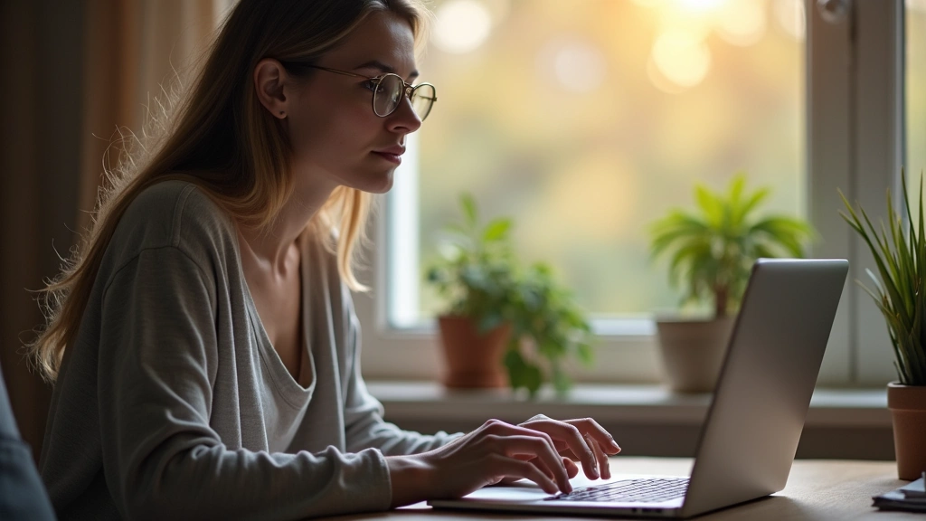 Young professional woman in home office taking online mental health assessment on laptop, natural lighting, focused expressio