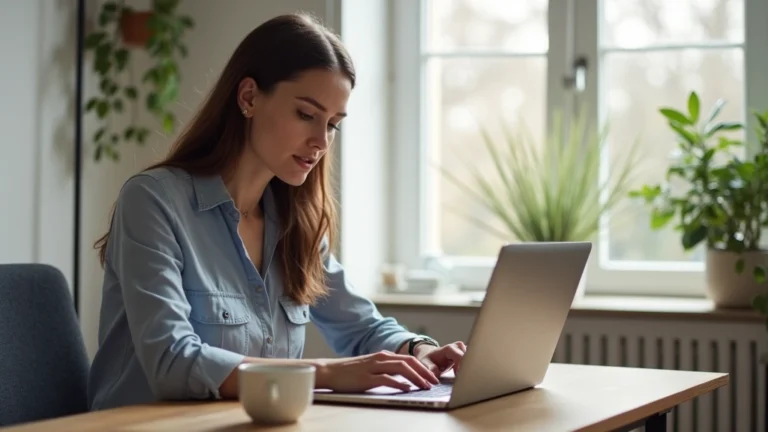 Professional woman studying at home on laptop at wooden desk with coffee, natural window light, modern home office setup, focused expression