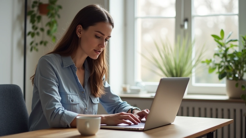 Professional woman studying at home on laptop at wooden desk with coffee, natural window light, modern home office setup, foc