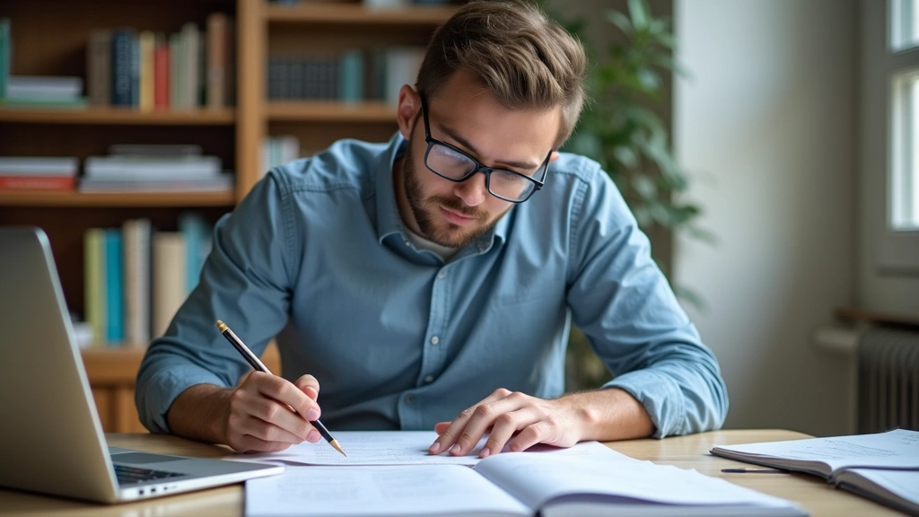 Male professional reviewing dissertation documents and research papers at desk with laptop, academic workspace, organized stu