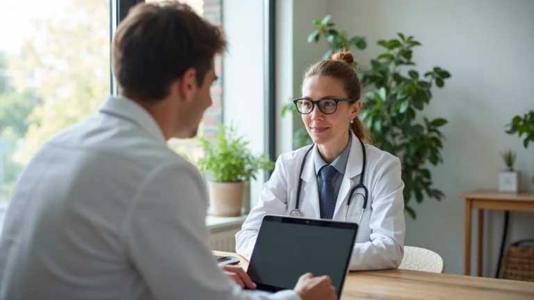 Professional woman in home office consulting with doctor on laptop video call, modern bright living room background, natural lighting