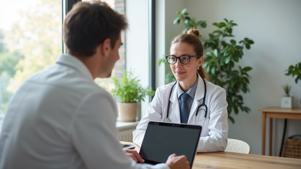 Professional woman in home office consulting with doctor on laptop video call, modern bright living room background, natural lighting