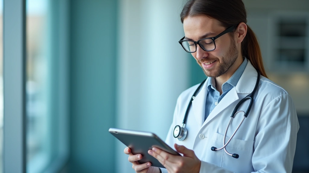 Doctor in clinical setting wearing stethoscope reviewing patient information on tablet during virtual consultation, professio