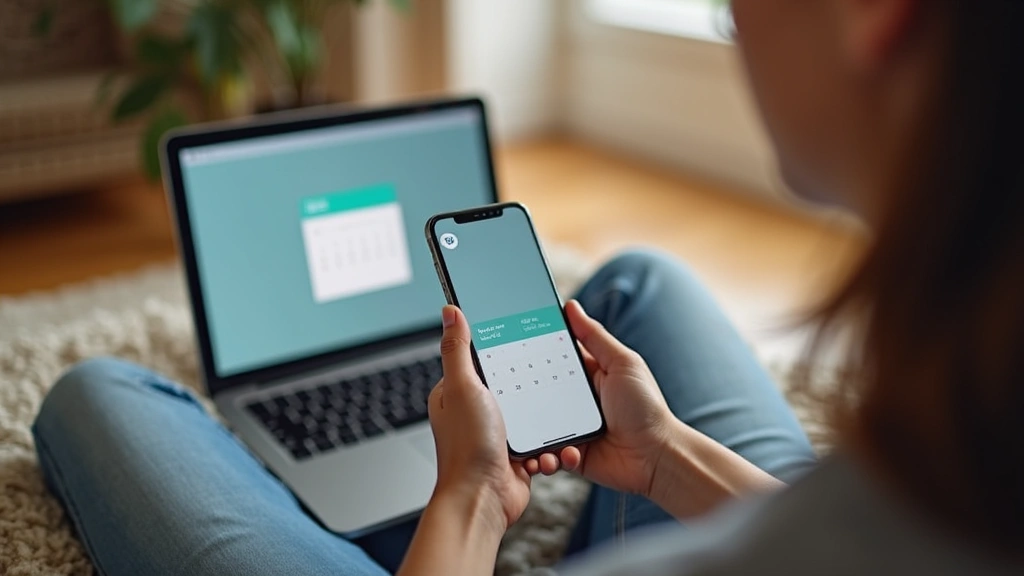 Diverse patient using smartphone to schedule telehealth appointment, sitting comfortably at home with calendar visible on scr