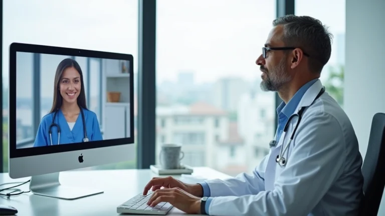 Healthcare professional in white coat sitting at modern desk with computer during virtual consultation, patient visible on monitor screen, bright medical office background
