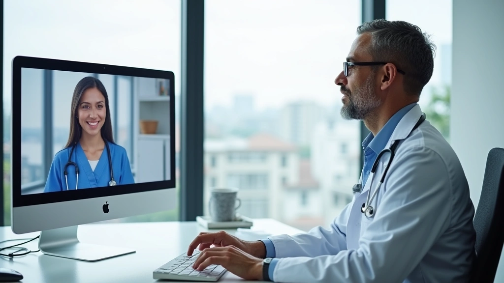 Healthcare professional in white coat sitting at modern desk with computer during virtual consultation, patient visible on mo