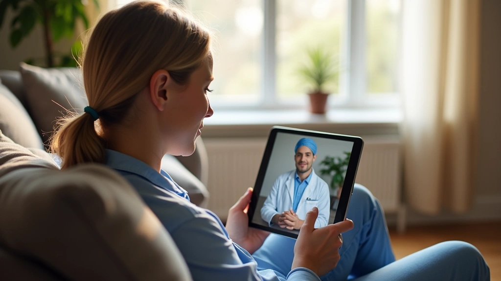 Patient at home using tablet for video call with doctor, sitting comfortably on couch, natural lighting from window, warm res