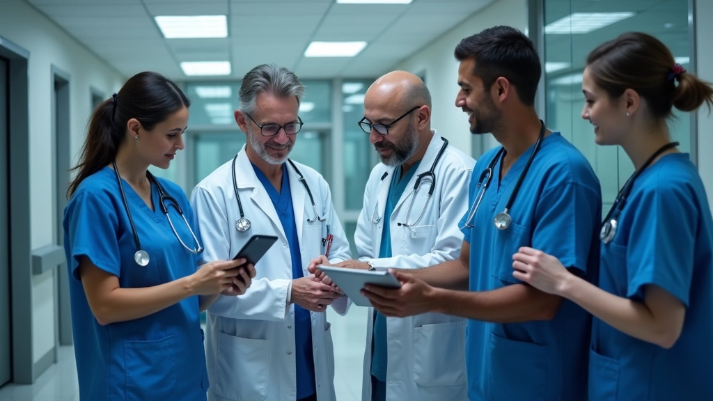 Diverse medical team of doctors and nurses in scrubs reviewing patient data on digital dashboard, modern healthcare facility,