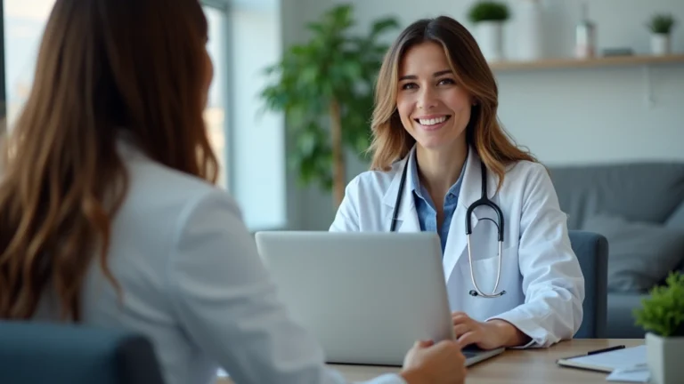 Professional woman doctor in white coat conducting video call consultation on laptop in modern clinic office, warm lighting, patient perspective view