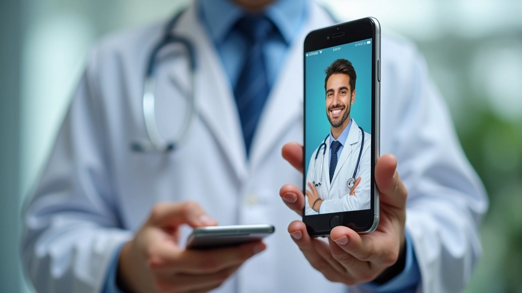 Close-up of hands holding smartphone with telehealth app interface showing doctor profile and appointment booking, blurred me