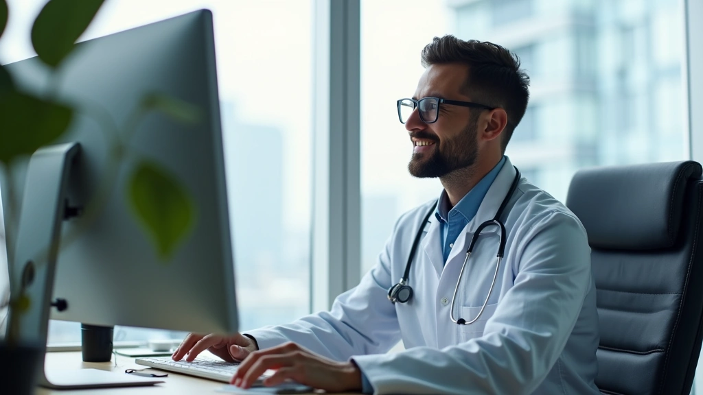 Healthcare provider in office setting during virtual video consultation, sitting at desk with computer monitor, professional 