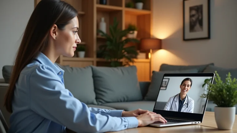 Professional woman in home office on video call with doctor on laptop screen, warm lighting, modern living room background, focused expression
