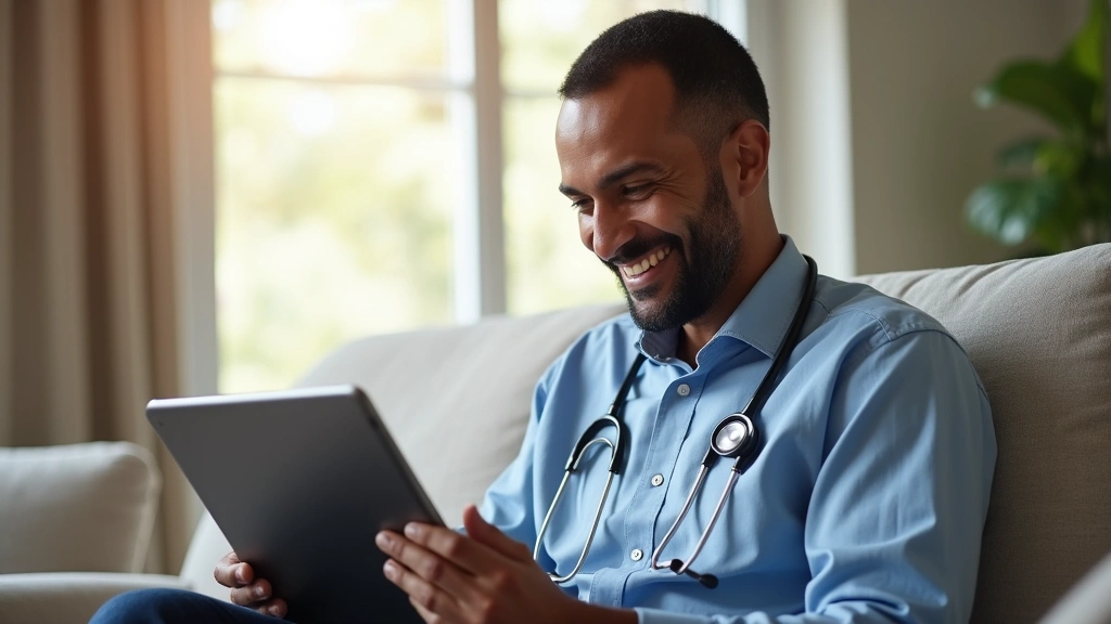 Diverse male patient smiling during virtual telehealth consultation on tablet device, sitting in comfortable home setting wit