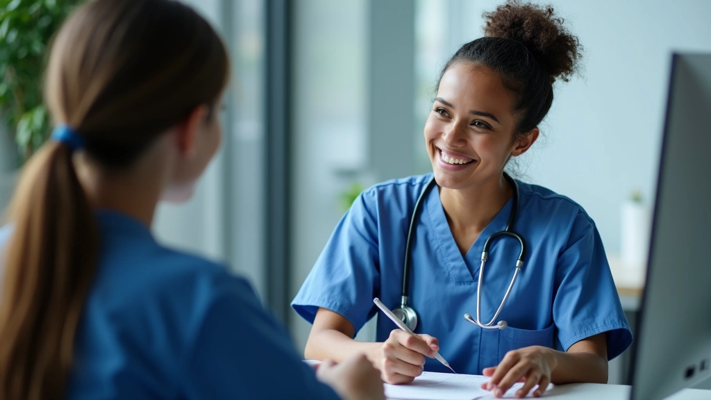 Healthcare provider in medical scrubs conducting video consultation, professional clinic background, reviewing notes while on