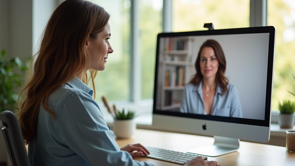 Professional woman in home office on video call with therapist on computer screen, natural lighting, calm environment, focused expression