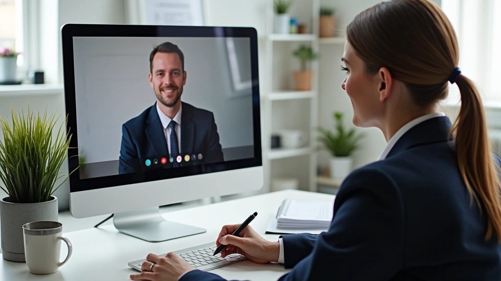 Mental health professional taking notes during telehealth video consultation, modern office setup, computer monitor visible, 