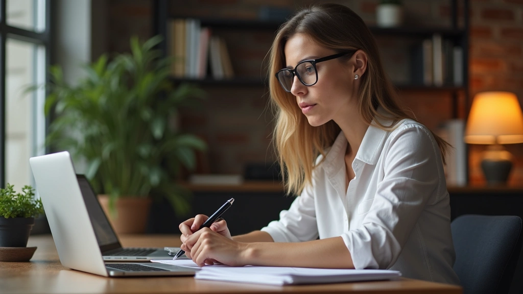 Professional woman with glasses studying at desk with laptop and textbooks in modern home office, warm lighting, focused expression, contemporary workspace setup