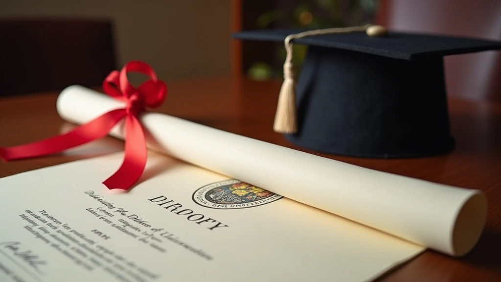 Close-up of diploma certificate with university seal on mahogany desk next to graduation cap, professional achievement symbol