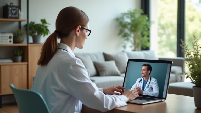 Professional woman having video call with doctor on laptop at home, modern living room background, natural lighting, healthcare technology