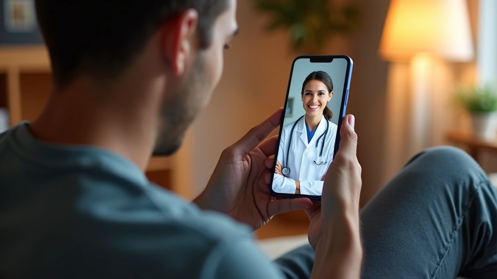 Male patient consulting with female physician via smartphone video call, comfortable home setting, warm lighting, telemedicin
