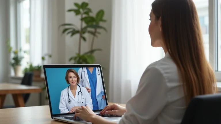 Professional woman in home office having virtual video consultation with healthcare provider on laptop screen, natural lighting, modern home setting, no text visible