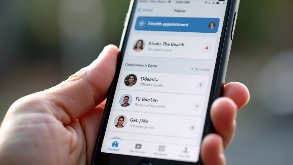 Close-up of smartphone displaying telehealth appointment interface with calendar and provider selection, hands holding phone,